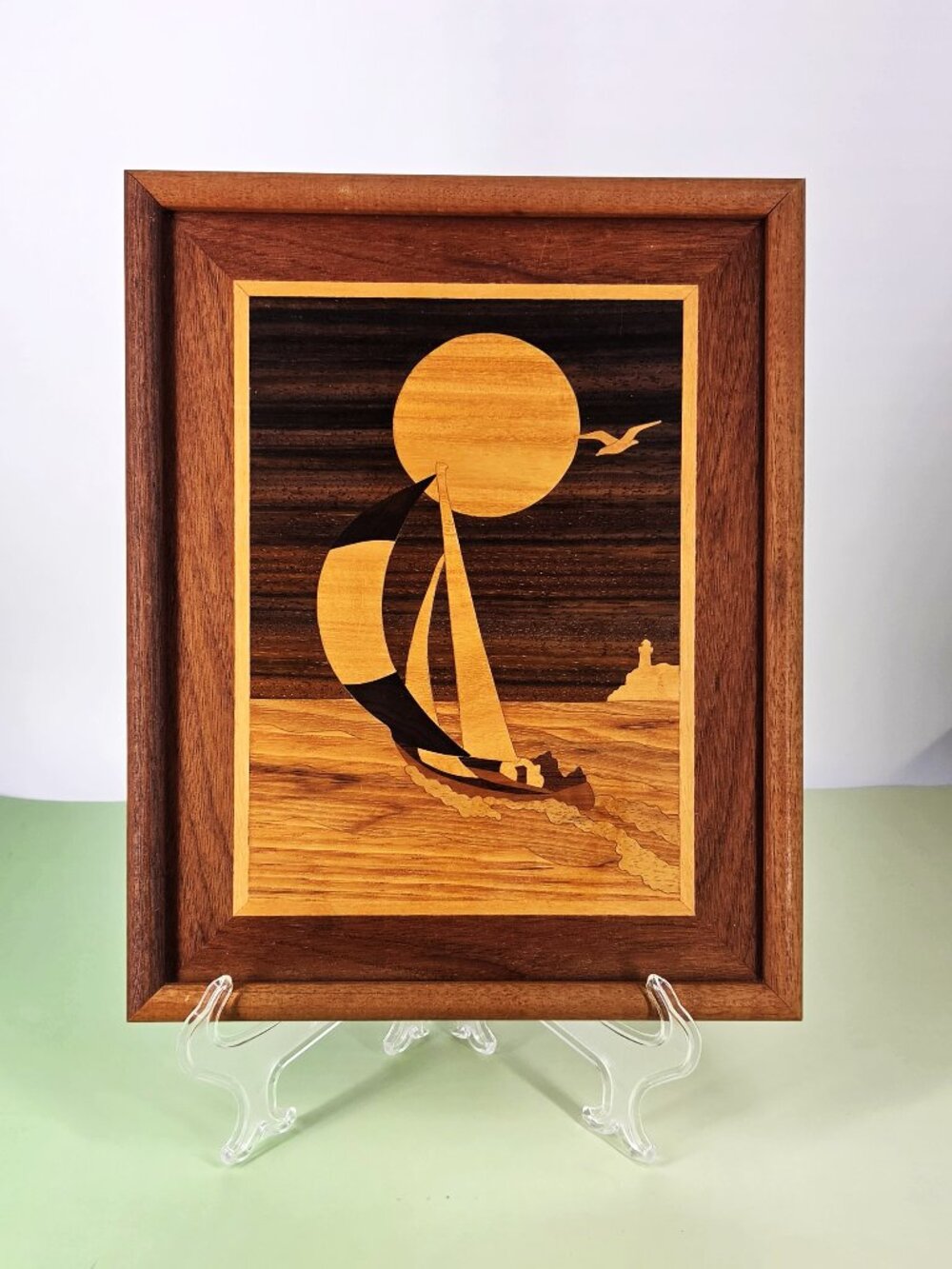 Jeff Nelson Marquetry Sailboat Nautical Artwork VTG Handmade Lighthouse Sun Sea